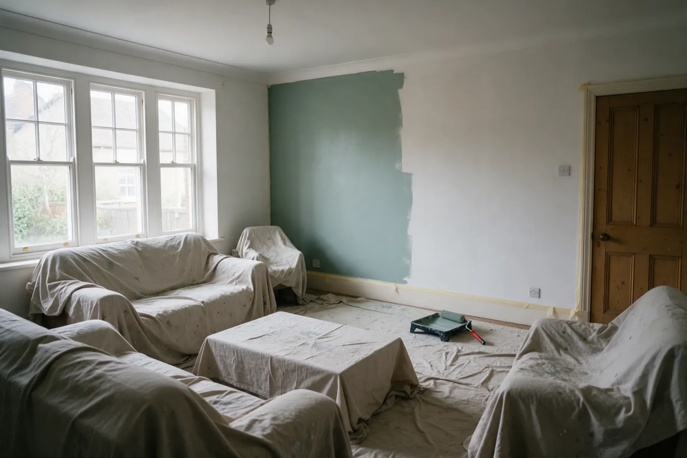 A room ready for painting, with dust sheets, masked skirting and a roller tray