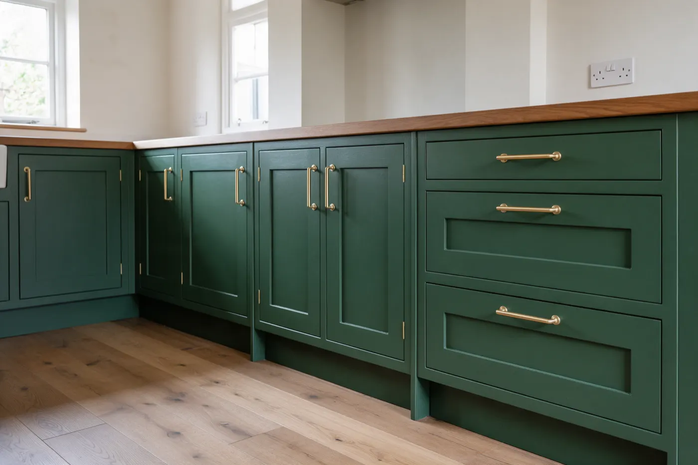 Kitchen units with new dark green shaker doors and brass handles