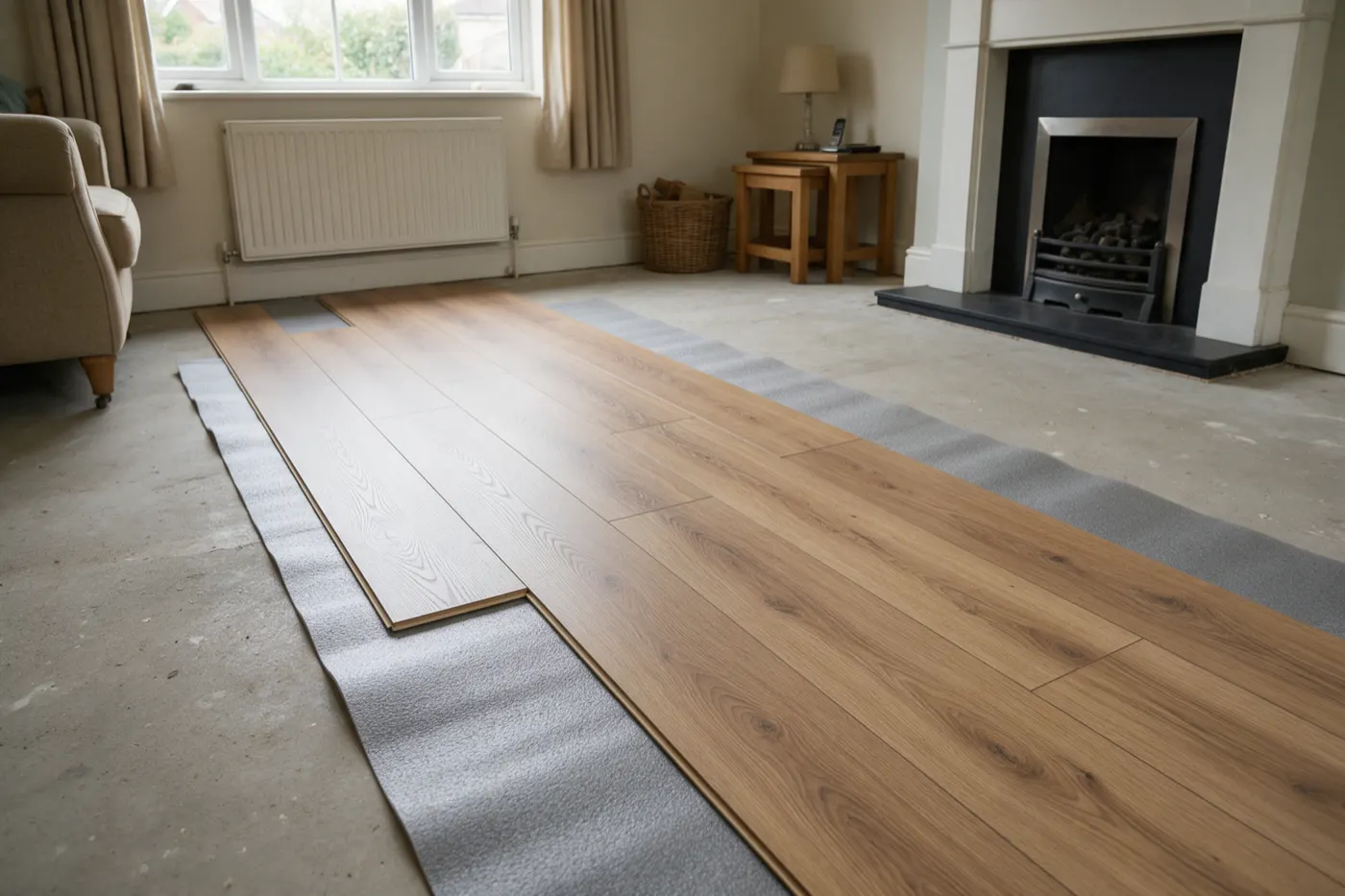Laminate planks being laid over foam underlay