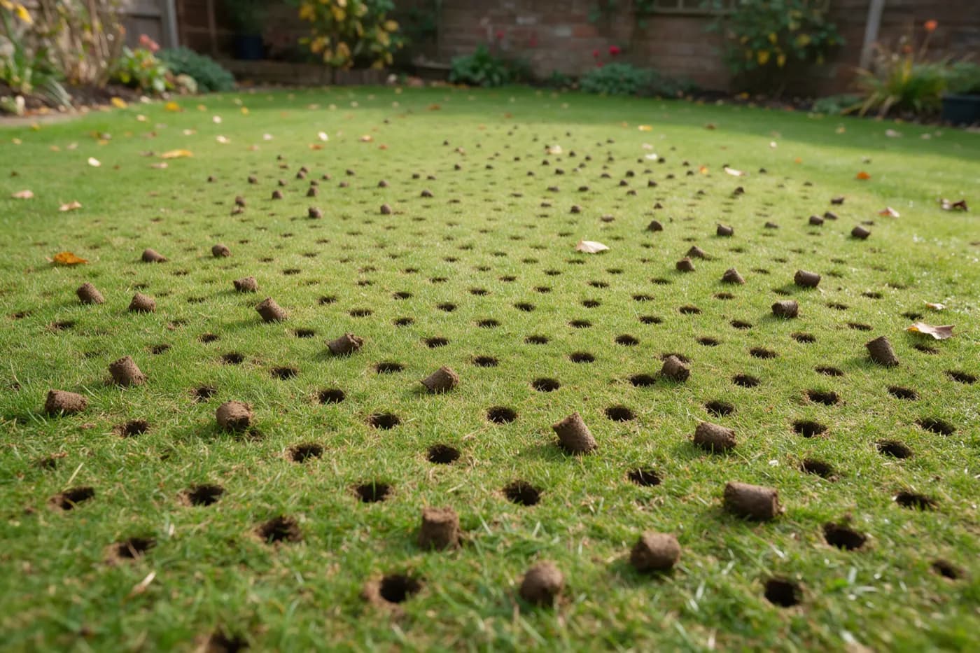 A garden lawn in autumn after hollow-tine aerating, with even rows of small round holes across the grass and short plugs of soil lying beside them, a few fallen leaves and a brick wall behind