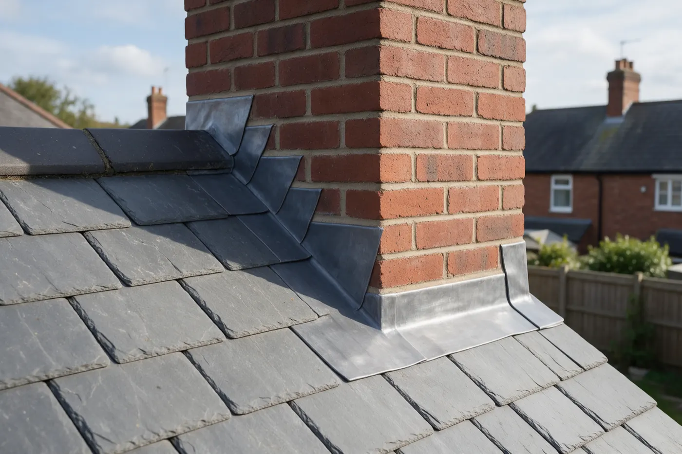 Stepped lead flashing where a brick chimney meets a slate roof