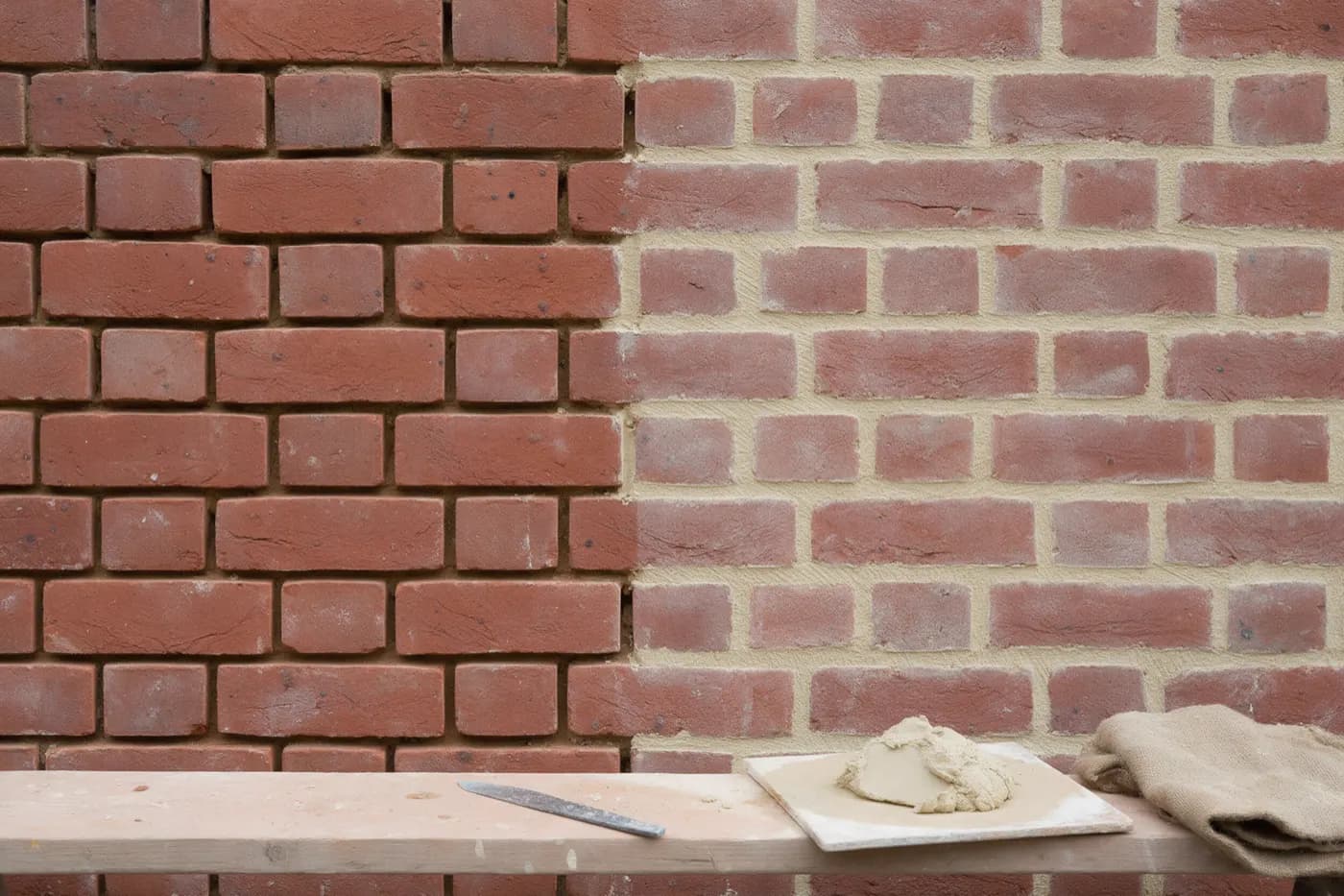 A red brick wall partway through repointing: on the left the joints are raked out square and empty, on the right they are filled flush with pale cream lime mortar, with a narrow pointing iron, a board holding a lump of lime mortar and a folded hessian sheet on a scaffold board below