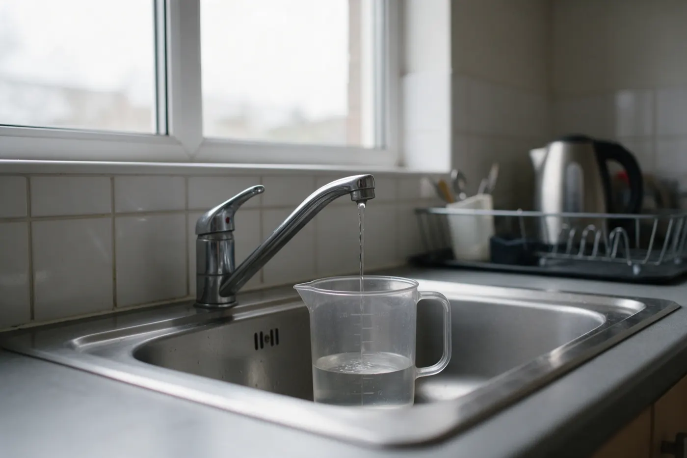 A chrome lever mixer tap over a stainless steel kitchen sink running a thin trickle of water into a clear plastic measuring jug about a quarter full, with a white tiled splashback, a window, a kettle and a dish rack in the background