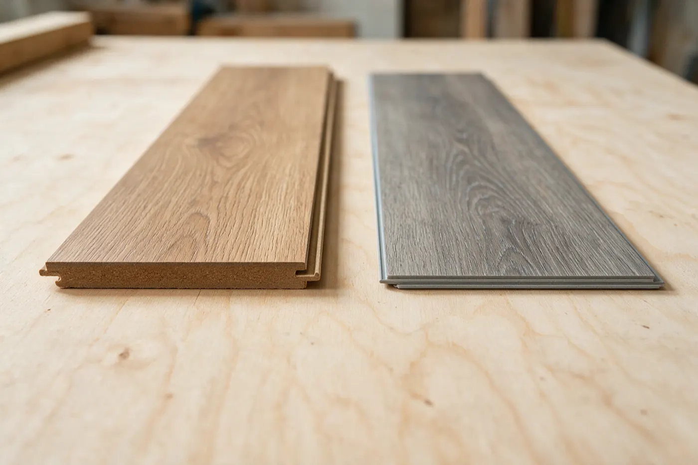 An oak-effect laminate plank showing its fibreboard core and tongue and groove at the cut end, lying flat beside a much thinner grey oak-effect click vinyl plank