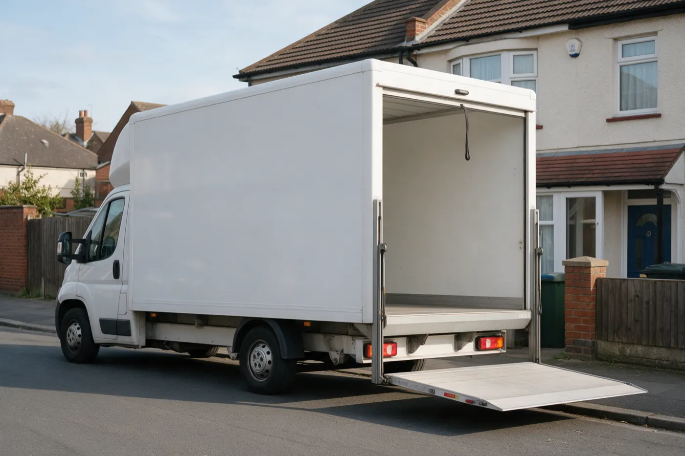 A plain white Luton van with a tail lift outside a terraced house