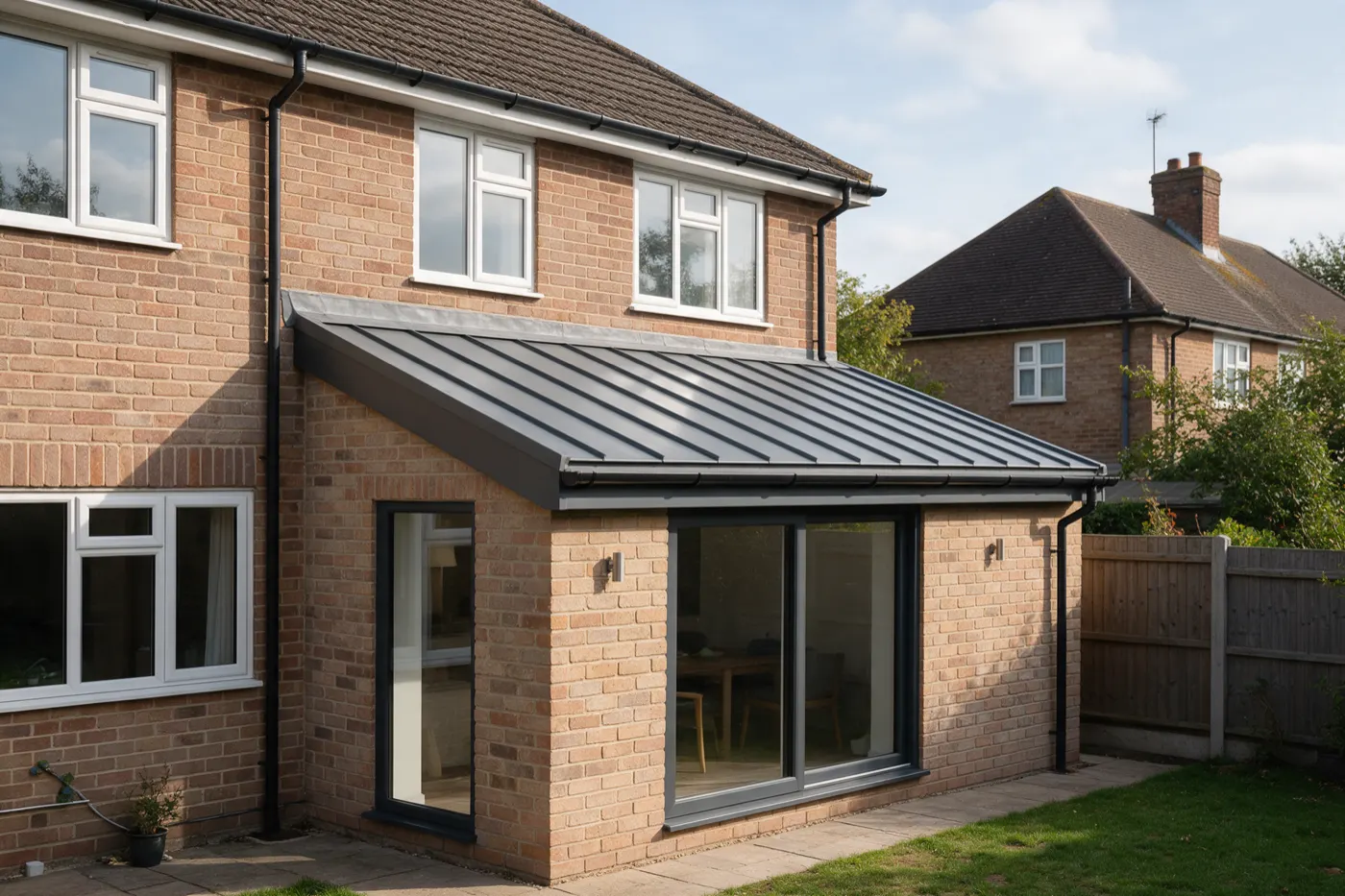 A grey standing seam metal roof on a modern extension