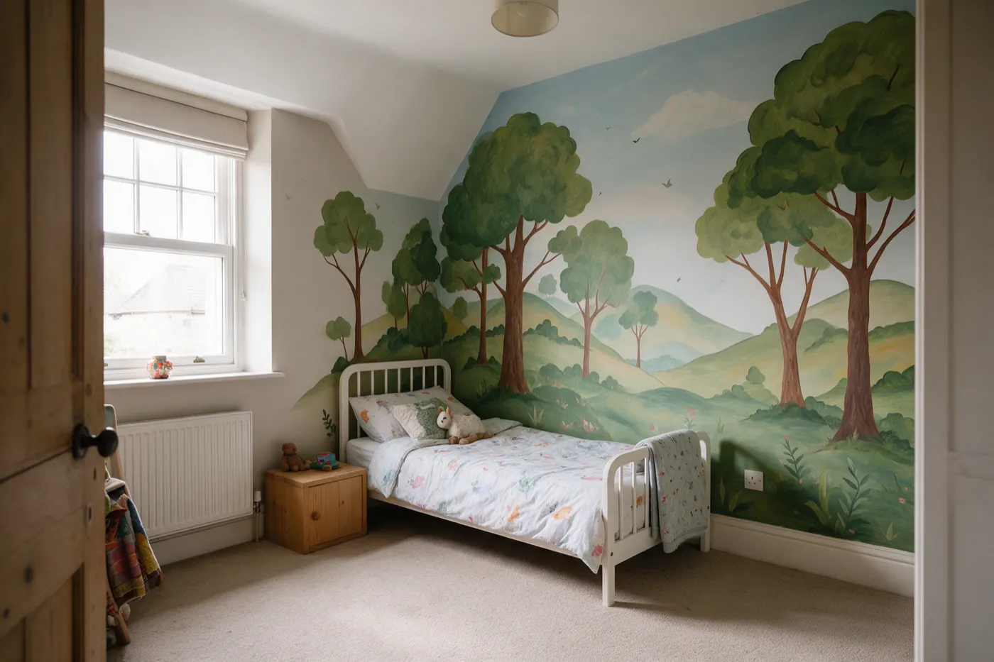 A children's bedroom with a painted woodland mural