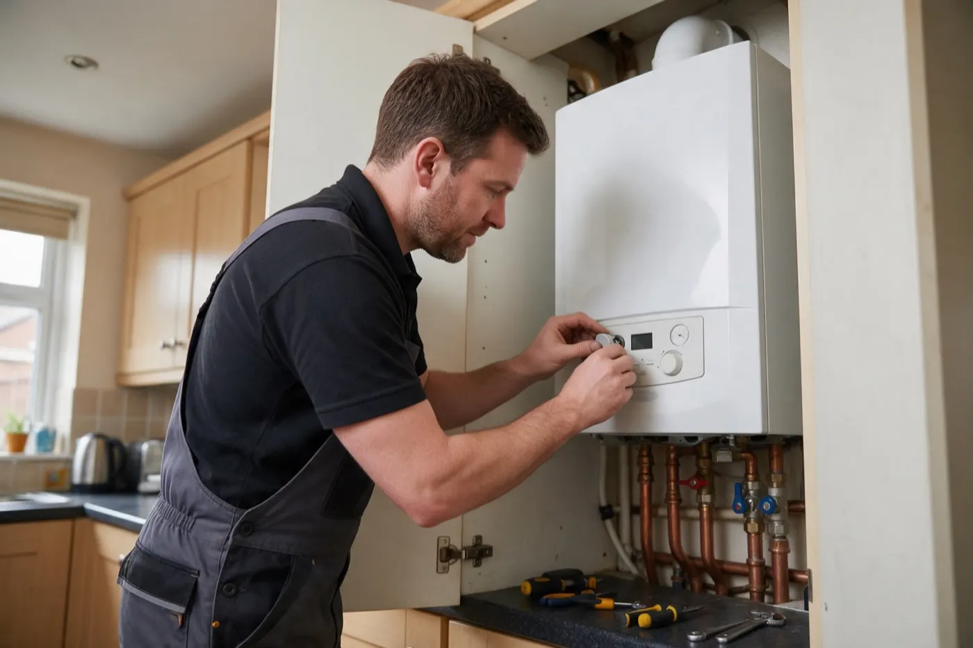 A heating engineer adjusting the controls of a new combi boiler fitted in a kitchen cupboard