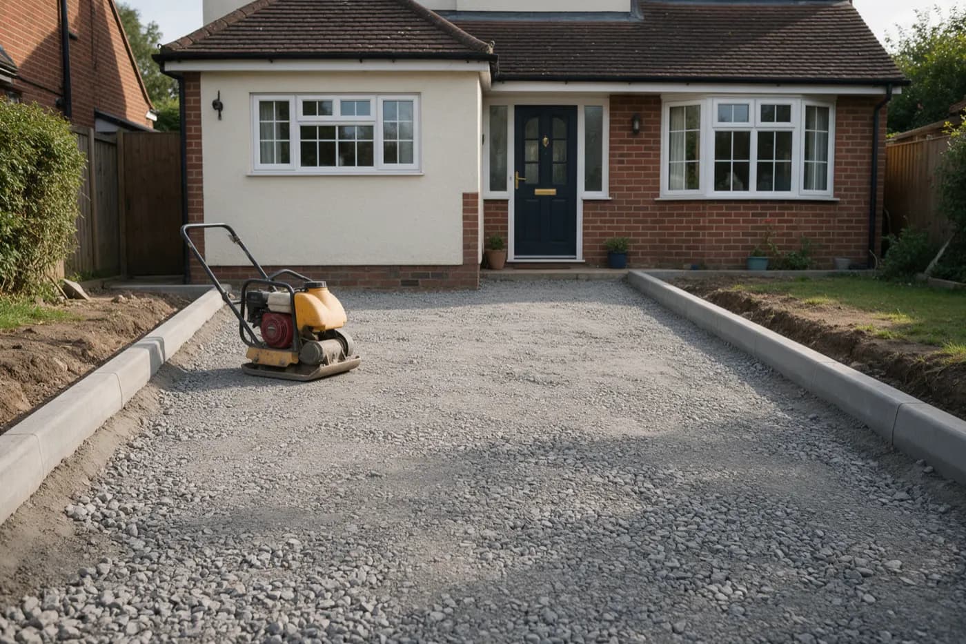 A driveway dug out and filled with compacted crushed stone, with edging laid