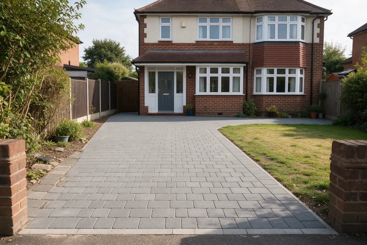 A block-paved driveway in front of a semi-detached house