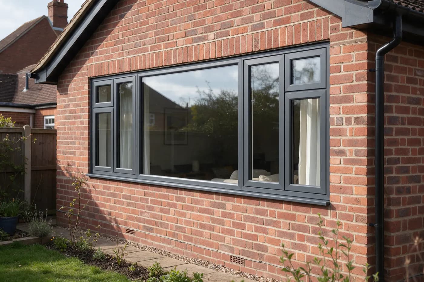 Anthracite grey aluminium windows on a brick house