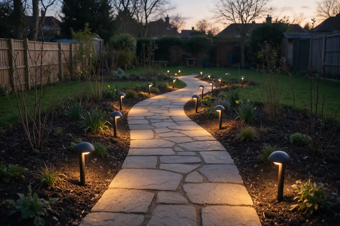 Low garden lights along a path at dusk