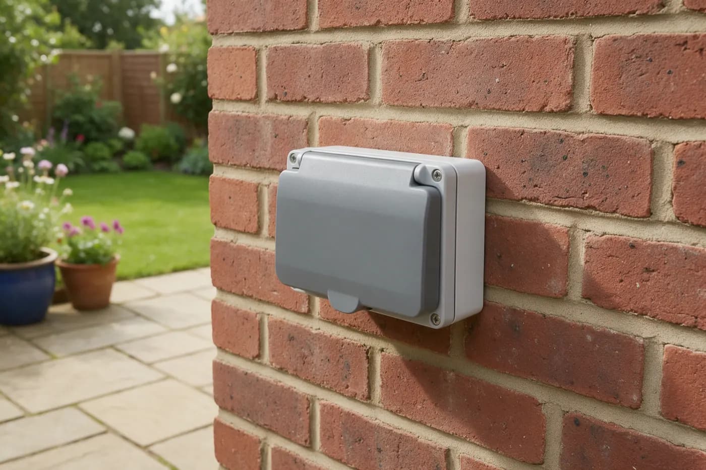 A weatherproof outdoor socket on a brick wall by a patio