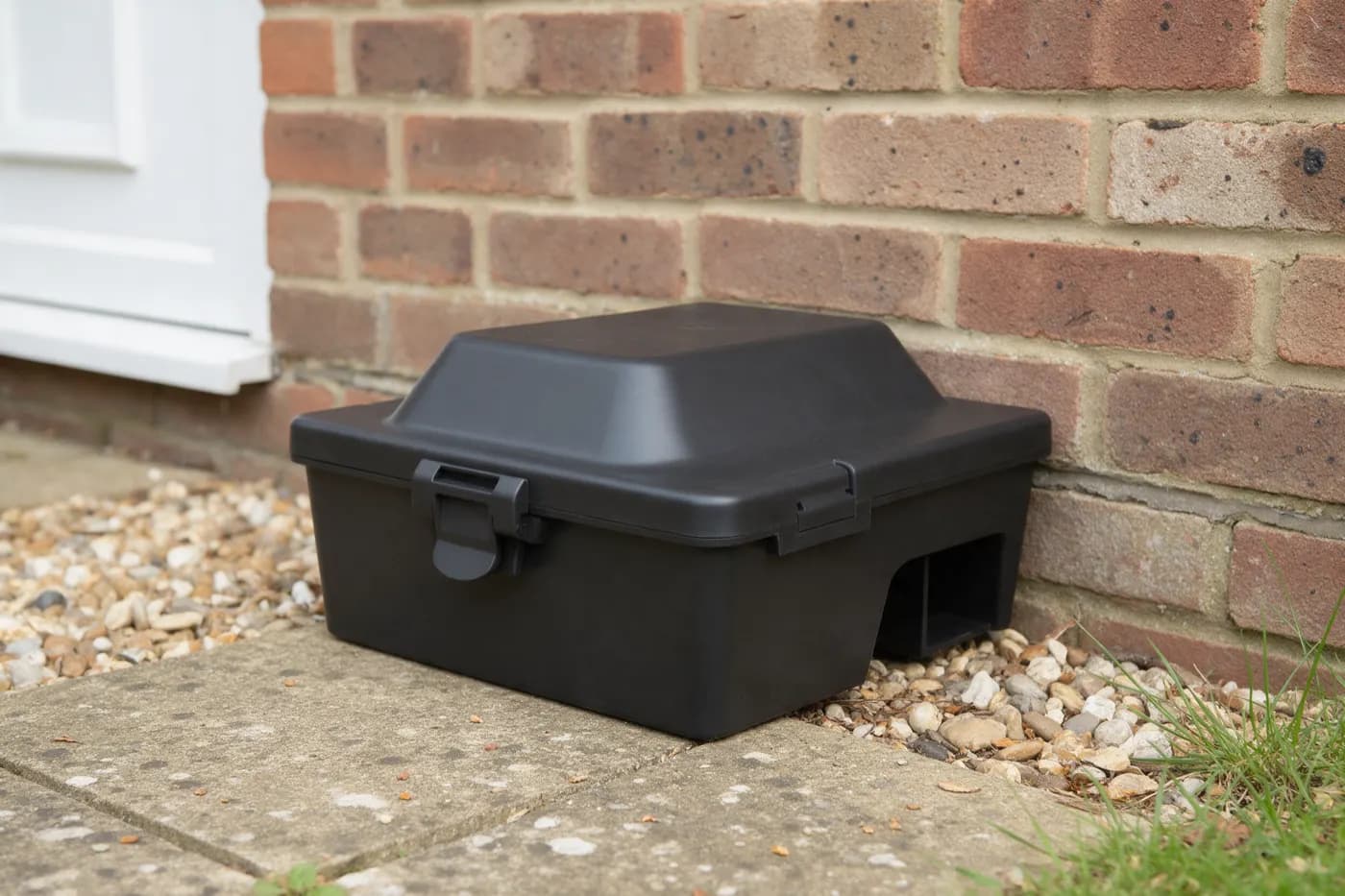 A tamper-resistant rodent bait station against a wall