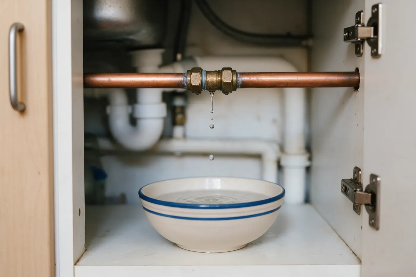 A leaking pipe joint under a kitchen sink dripping into a bowl