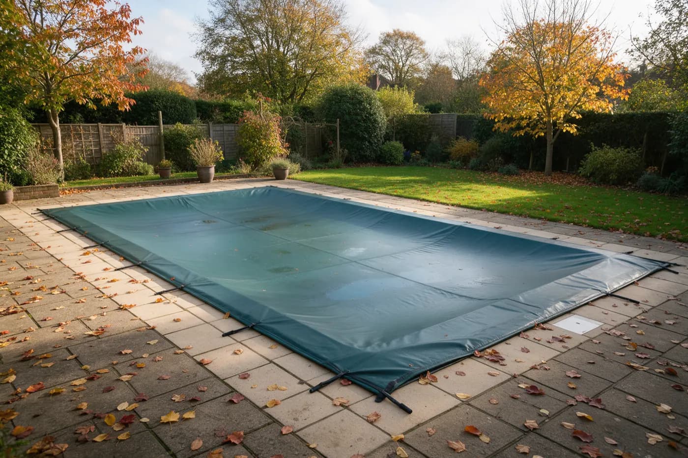 A garden pool closed for winter under a cover