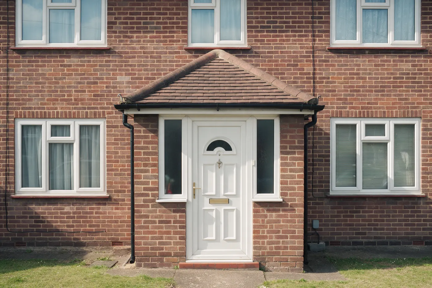 A brick porch with a pitched tiled roof and a white door on the front of a semi-detached house