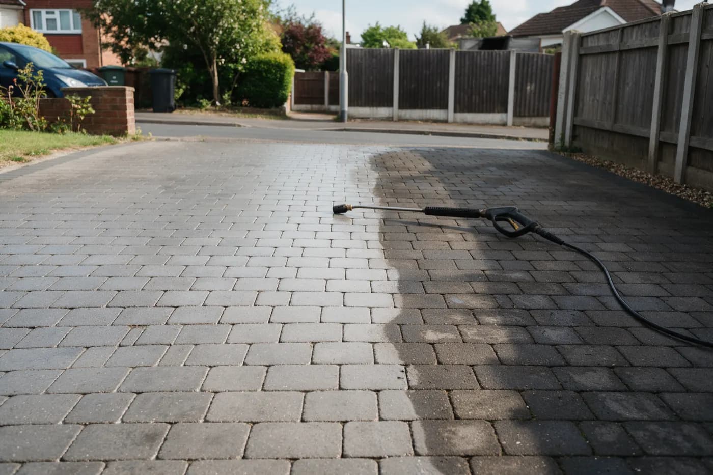 Block paving half pressure-washed, showing a clean strip