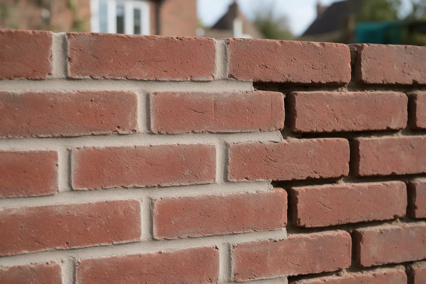 Brickwork with new lime mortar joints next to old raked-out joints