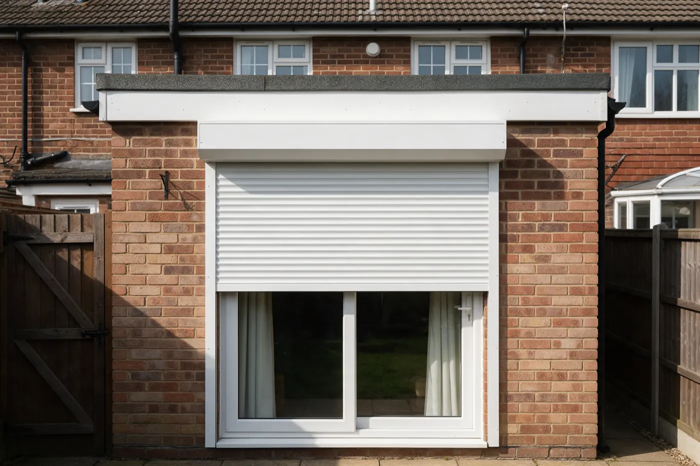 A white aluminium roller shutter over a patio door