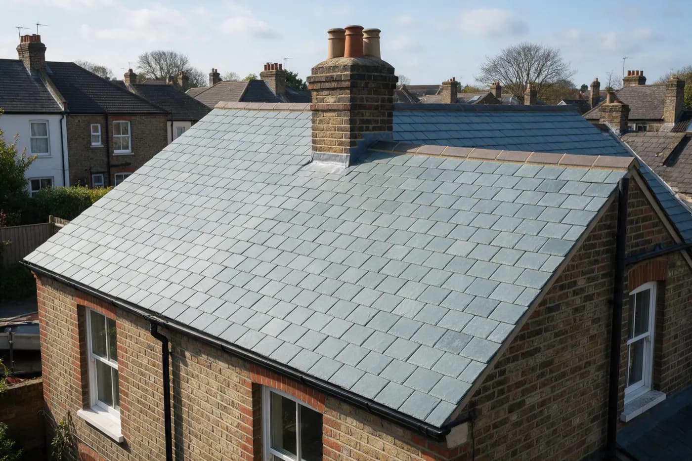 A newly laid natural slate roof on a Victorian terrace