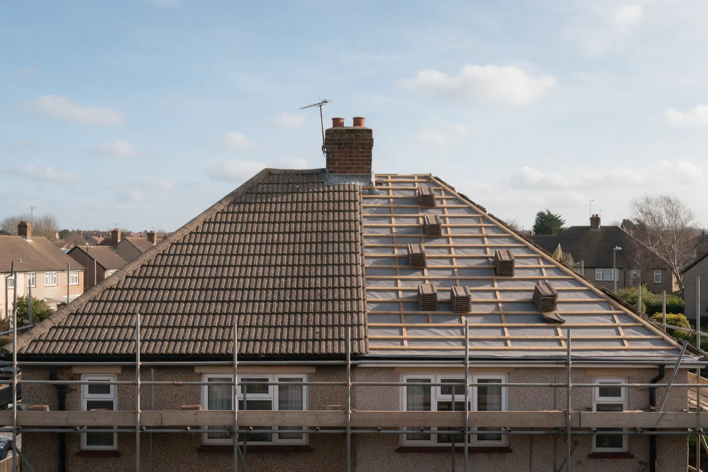 A roof being re-covered: old tiles stripped from half, new membrane and battens fixed, scaffold with guard rails