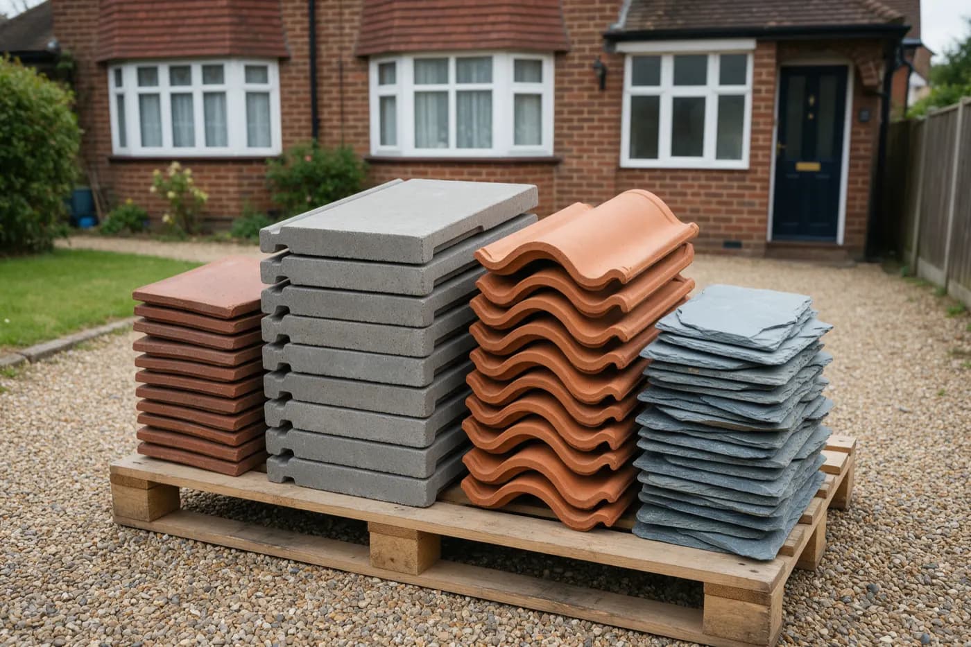 Four stacks of roofing on a wooden pallet on a gravel drive in front of a red-brick 1930s semi: small red clay plain tiles, larger grey concrete interlocking tiles, orange S-shaped clay pantiles and thin blue-grey natural slates