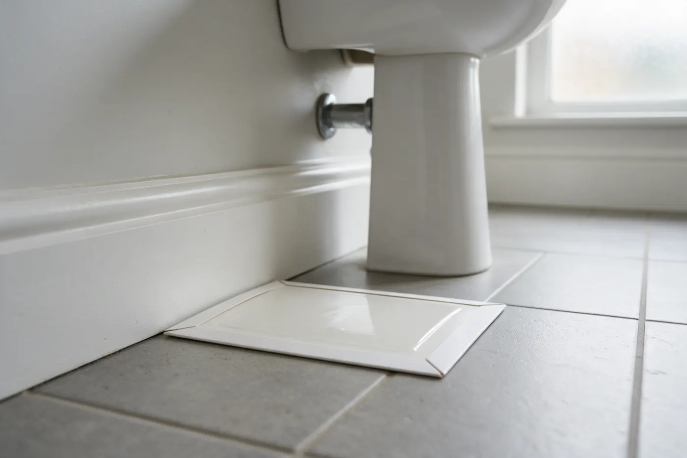 A clean, unused white glue board insect trap lying flat on grey bathroom floor tiles, pushed against the white skirting board beside the pedestal of a basin, with a chrome pipe going into the wall and a frosted window behind