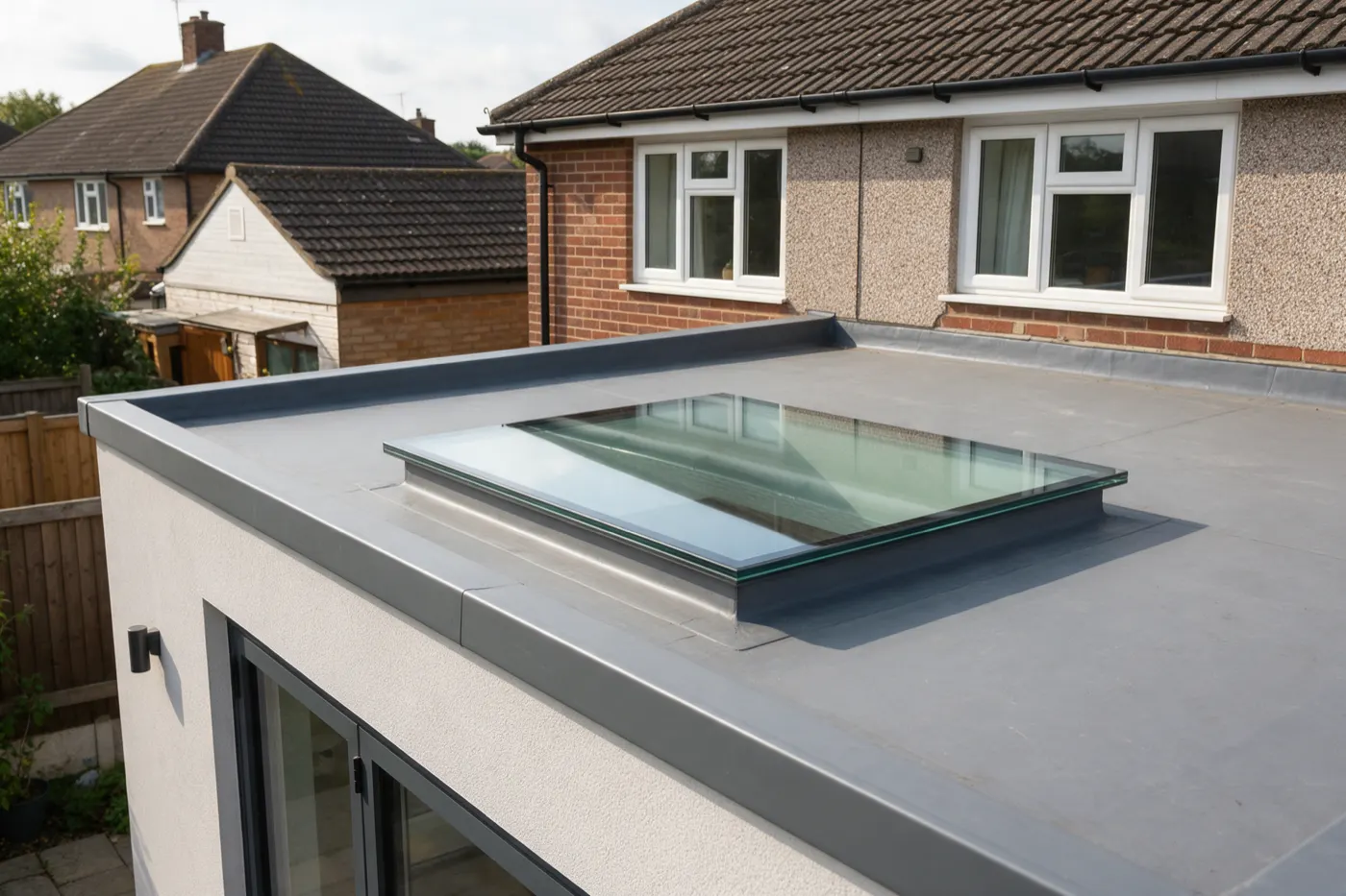 A flat glass rooflight on a flat roof extension