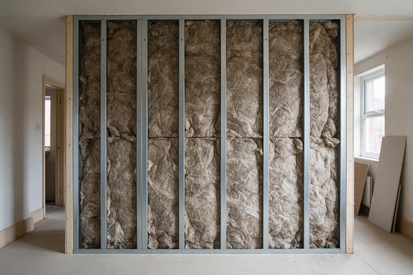 Acoustic insulation fitted between studs on a party wall