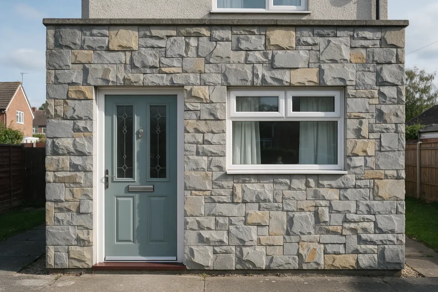 Natural stone cladding panels on the front of a house