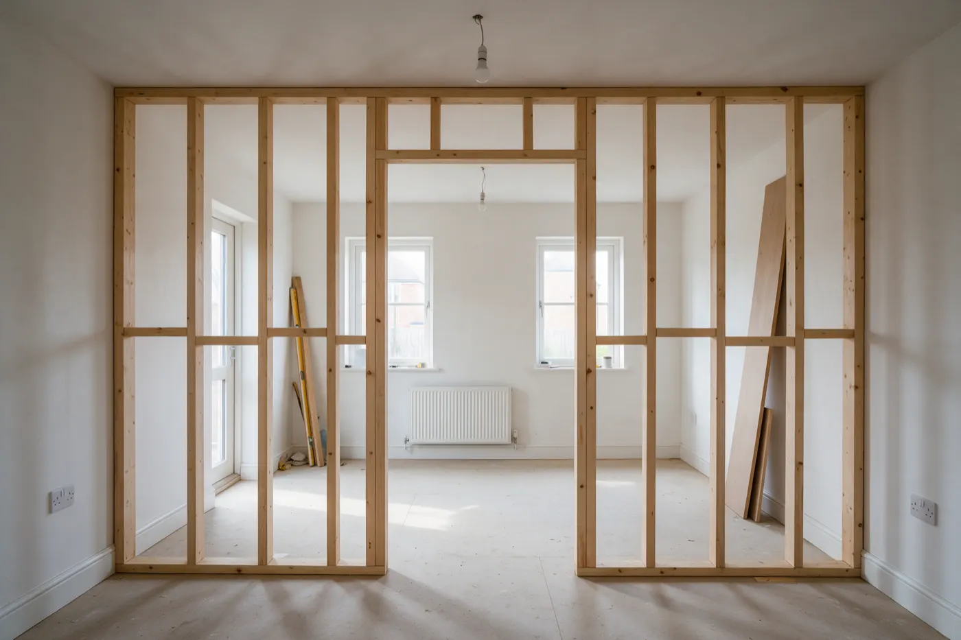 A timber stud wall frame before the plasterboard goes on