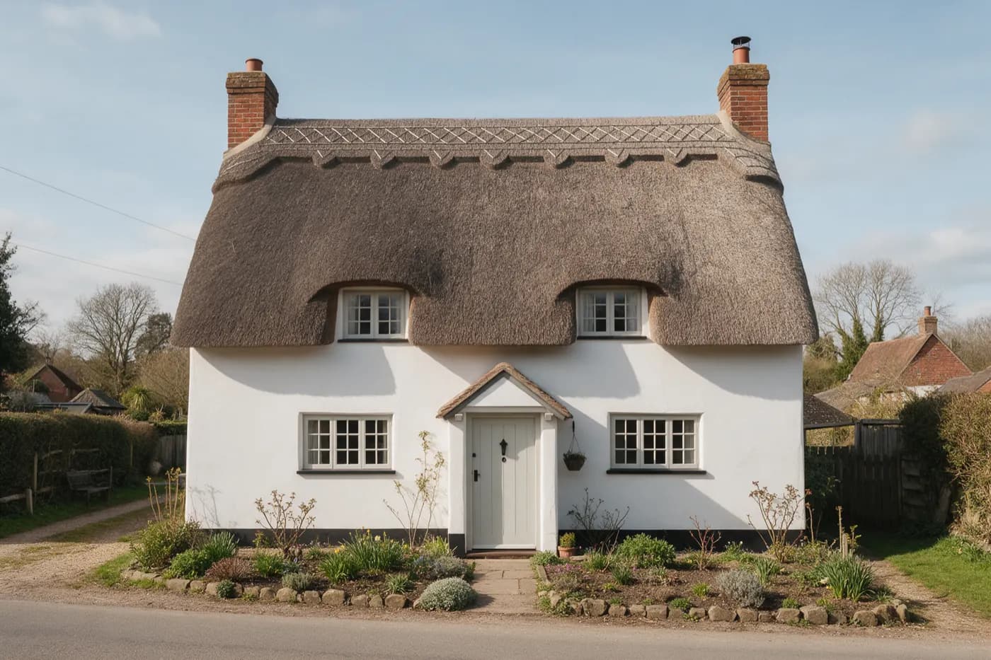 A thatched cottage with a water reed roof and a block-cut ridge