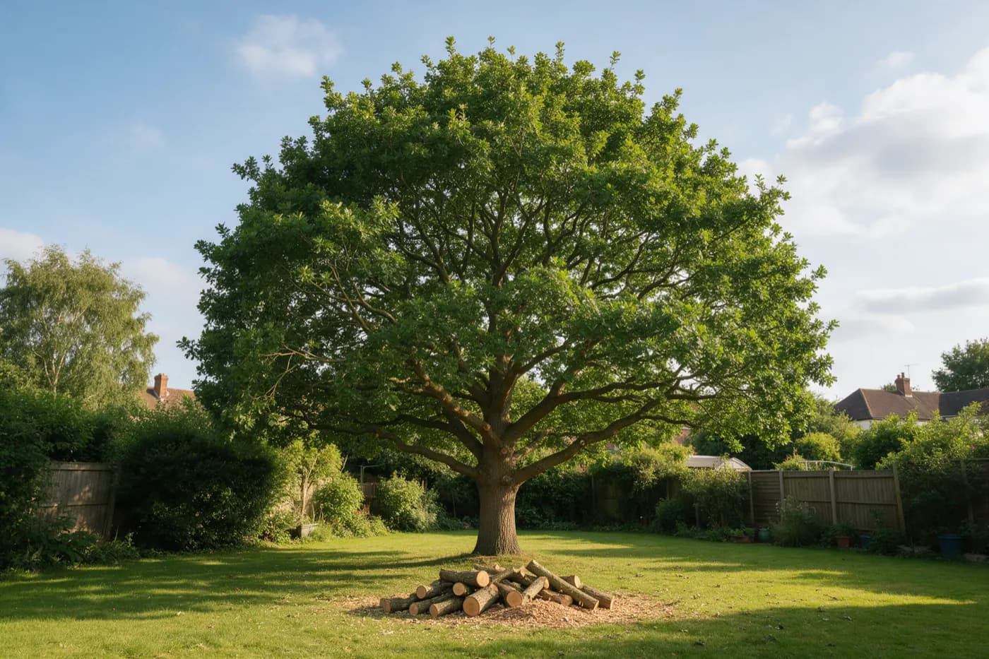 A large garden tree after crown reduction, with logs stacked beneath