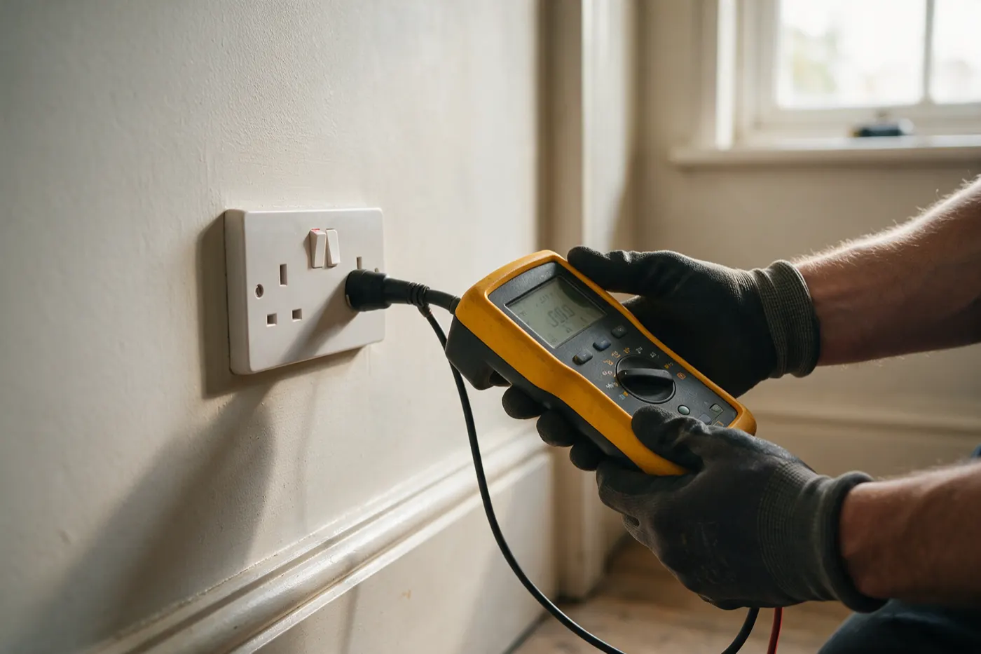 An electrician's gloved hands holding an installation tester plugged into a white double socket on a painted wall
