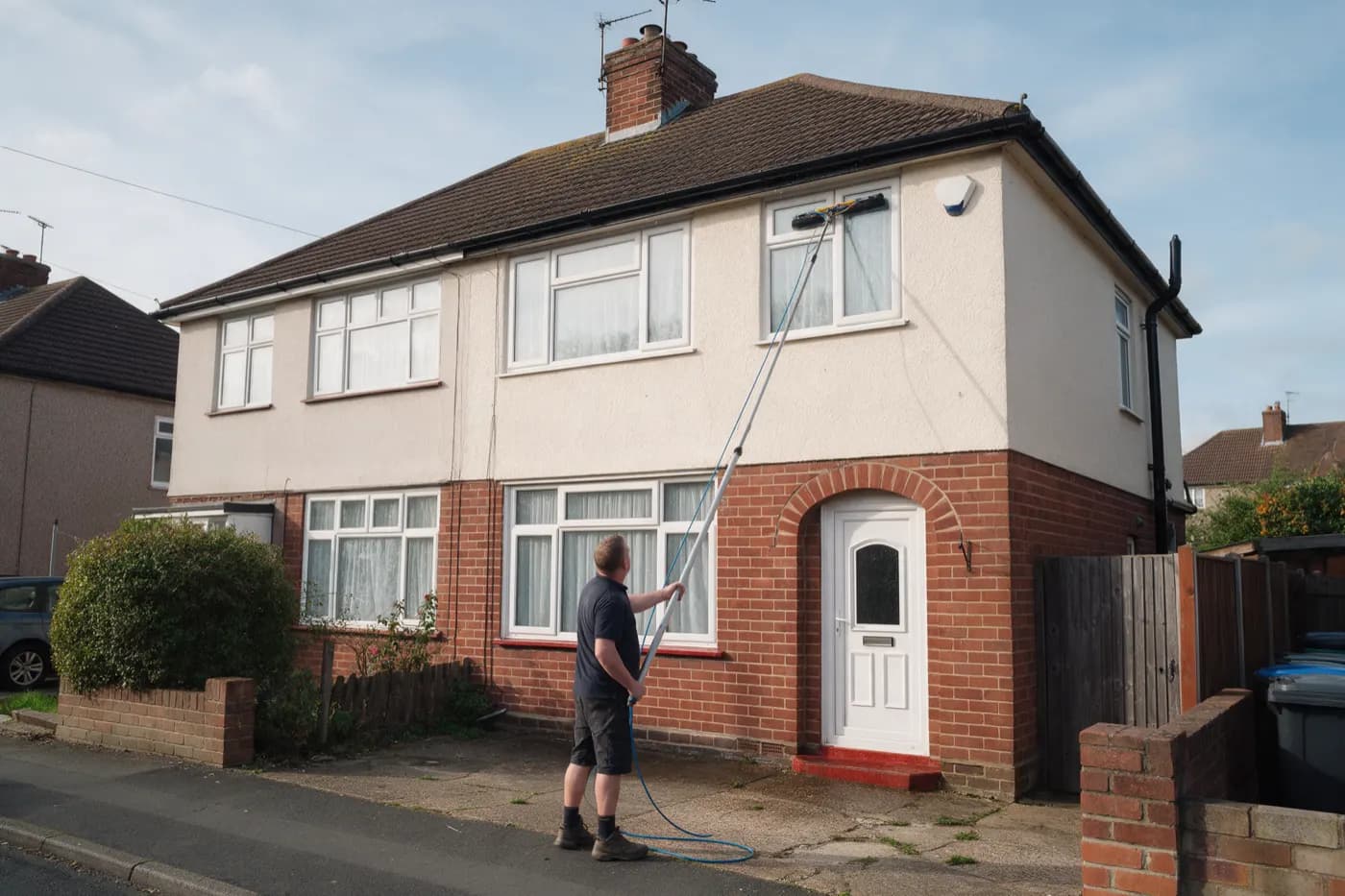 A window cleaner using a water-fed pole to reach upstairs windows from the ground