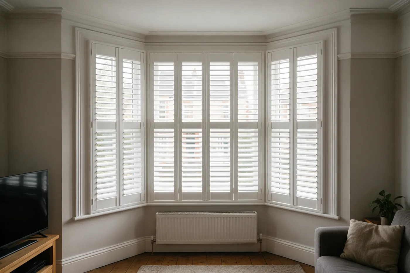 A bay window with white full-height shutters